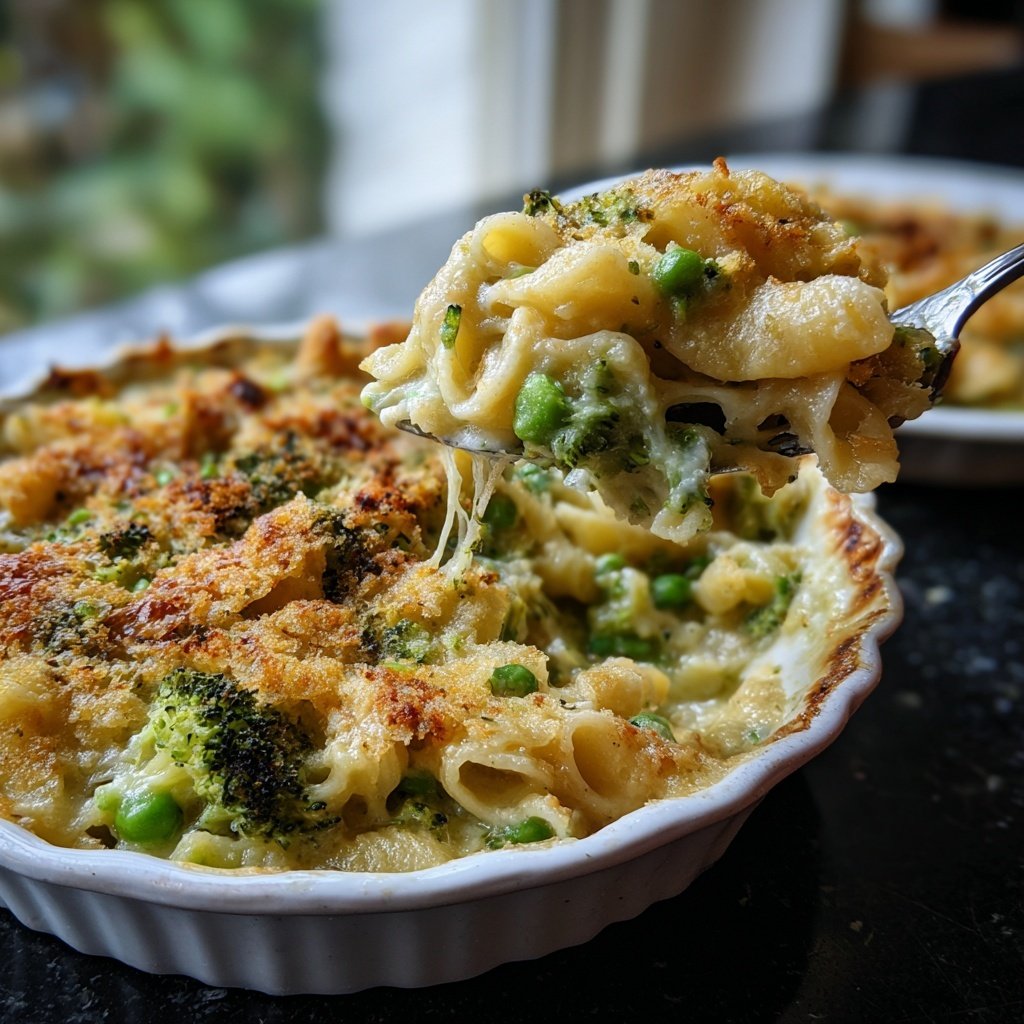 Nudelauflauf mit Brokkoli und Erbsen